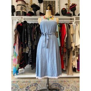 vintage y2k chambray sundress ann taylor ric rac denim cotton dress 50s style 12